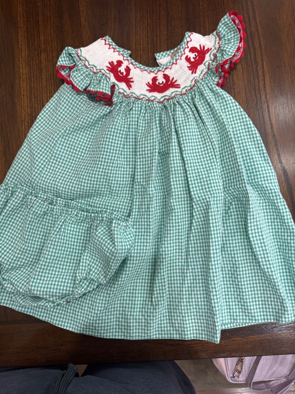 Girls' Green Gingham Smocked Dress with Red Crab Embroidery